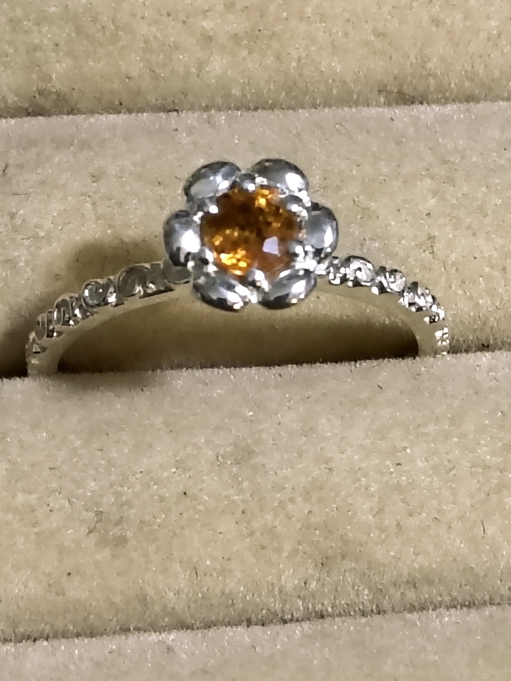 Sterling Silver Floral Ring with Orange Sapphire Center Stone Size 7.5 Signed